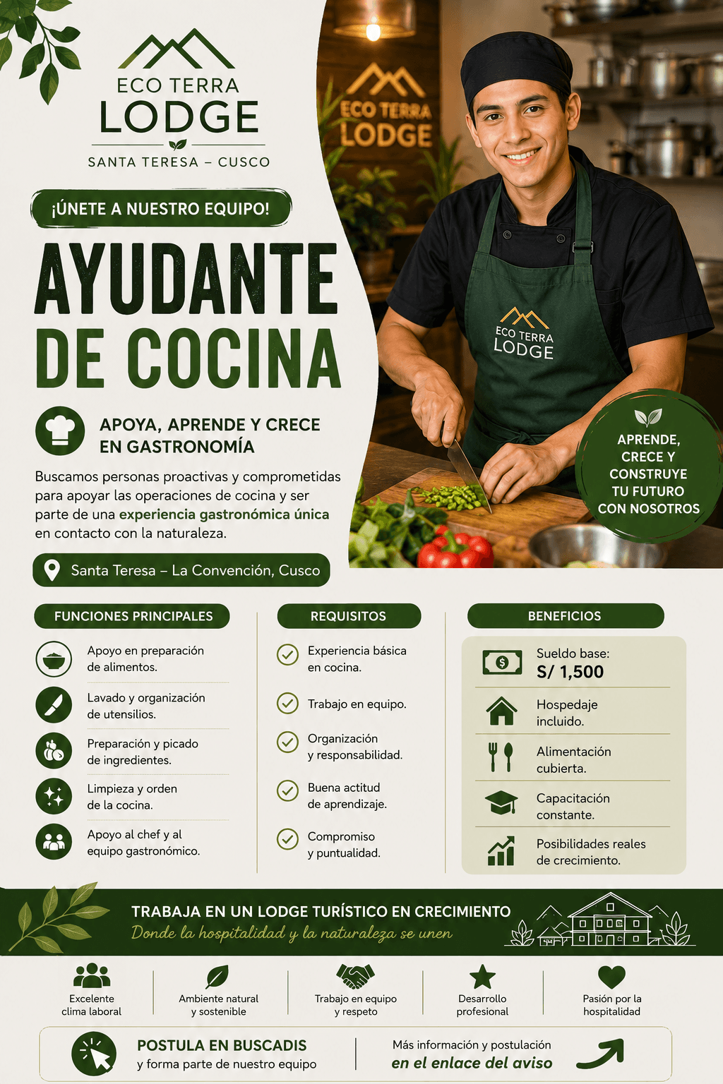 Ayudante de Cocina para Eco Terra Lodge | Alimentación y Hospedaje Incluidos - Imagen Principal