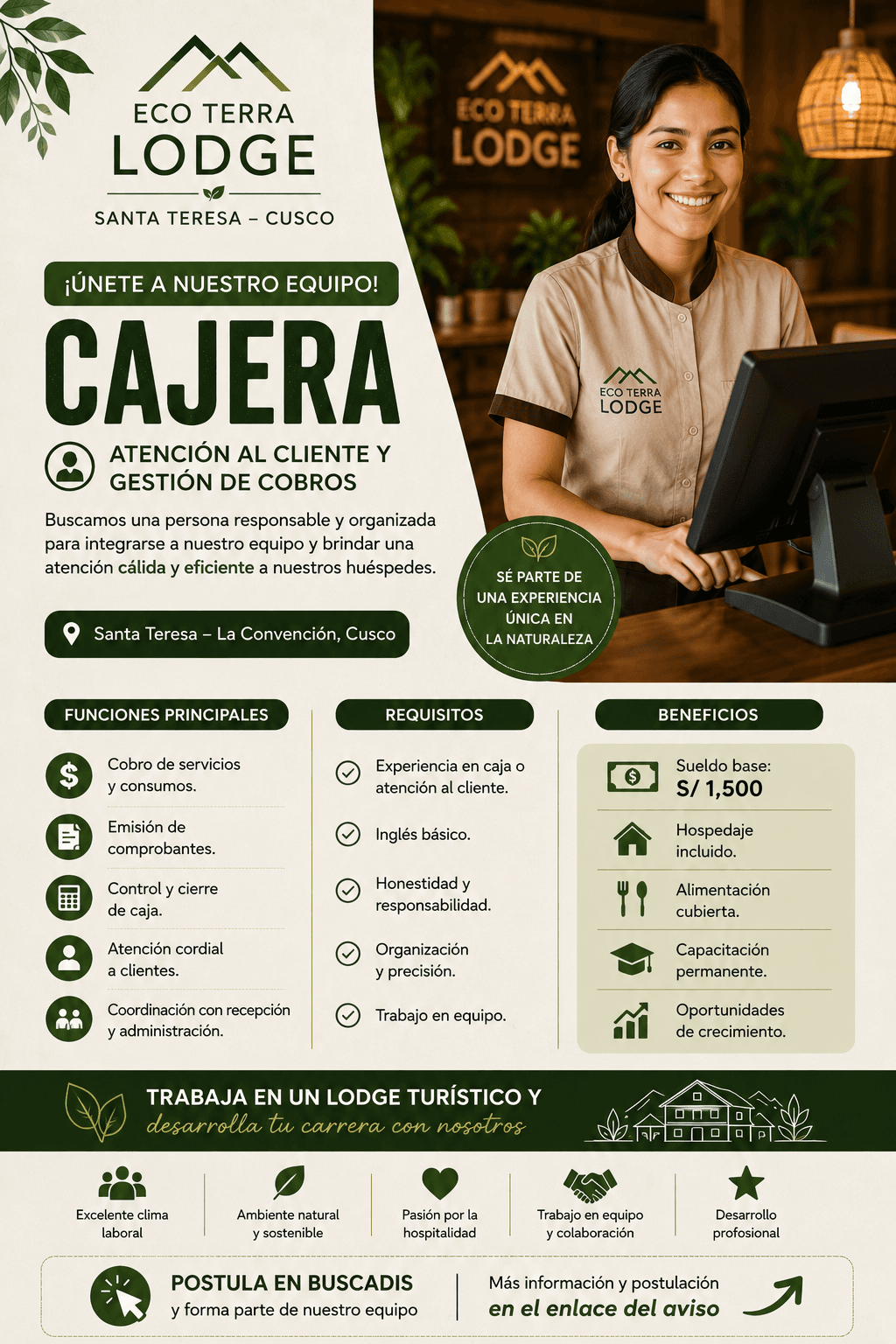 Cajera para Eco Terra Lodge | Atención al Cliente y Gestión de Cobros - Imagen Principal