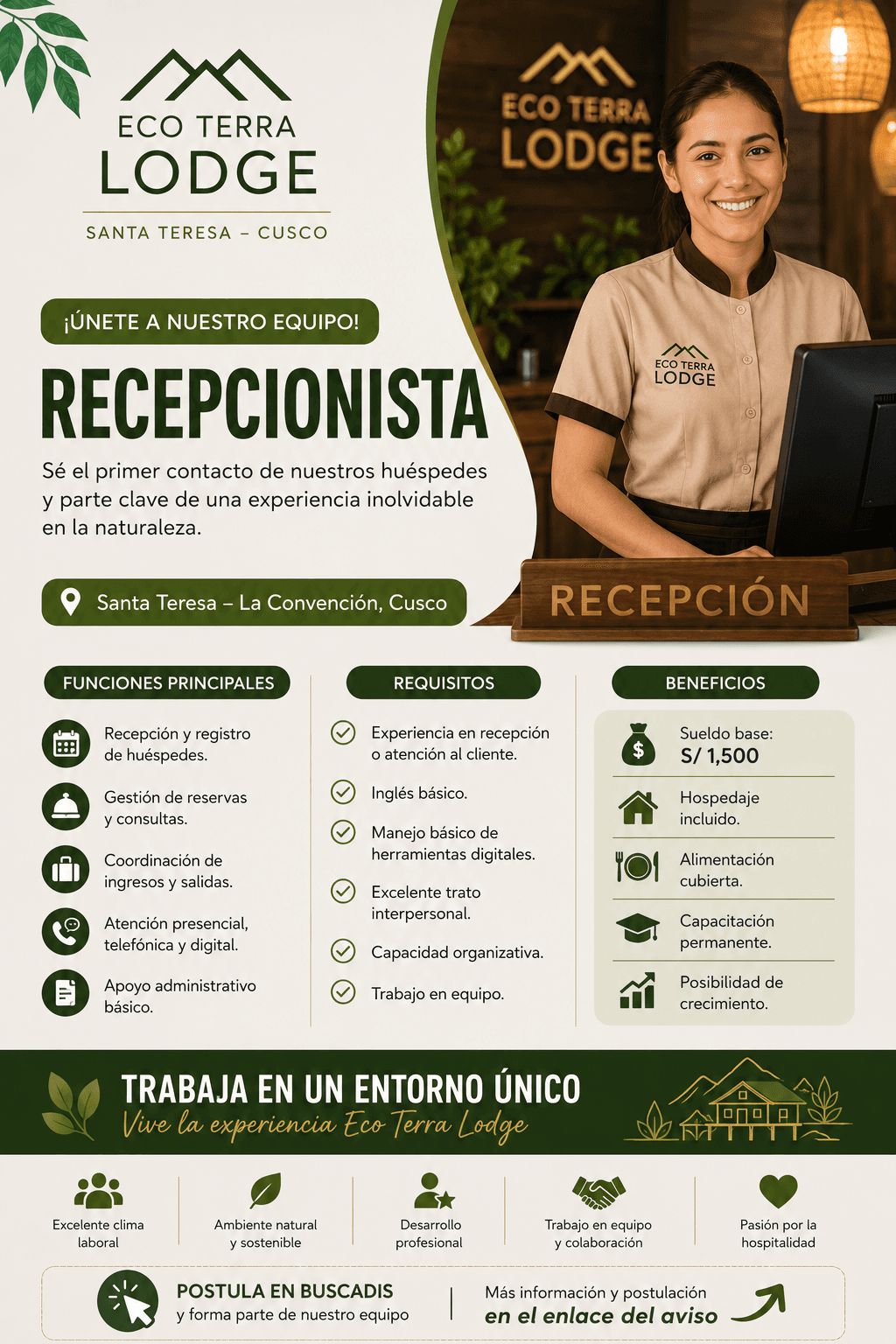 Recepcionista para Eco Terra Lodge | Turismo, Hospedaje y Desarrollo Profesional - Imagen Principal